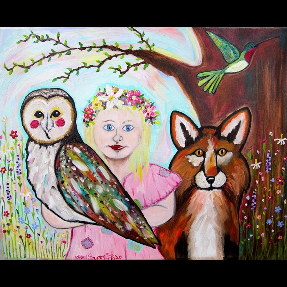 Blossom Fox Owl Art Print Oil Painting Flowers Child Portrait Whimsical Decor - Picture 5 of 9